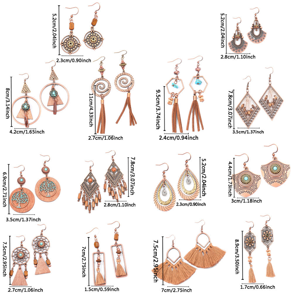 Bohemian Vintage Brown Earring Set Geometric Tassel Earrings