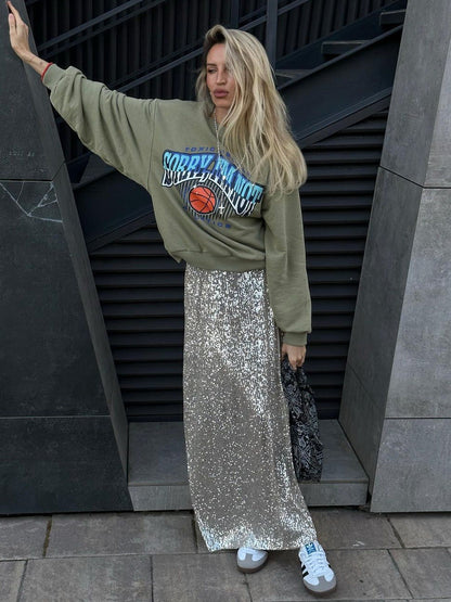 Sequin Maxi Skirt Stylish Casual Streetwear