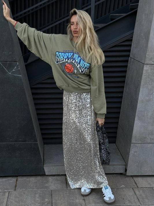 Sequin Maxi Skirt Stylish Casual Streetwear