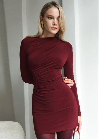 Long-Sleeve Mini Dress Stretch Fabric Burgundy
