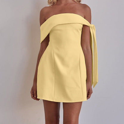 Off-Shoulder Short Mini Dress Trendy Yellow A-Line Dress