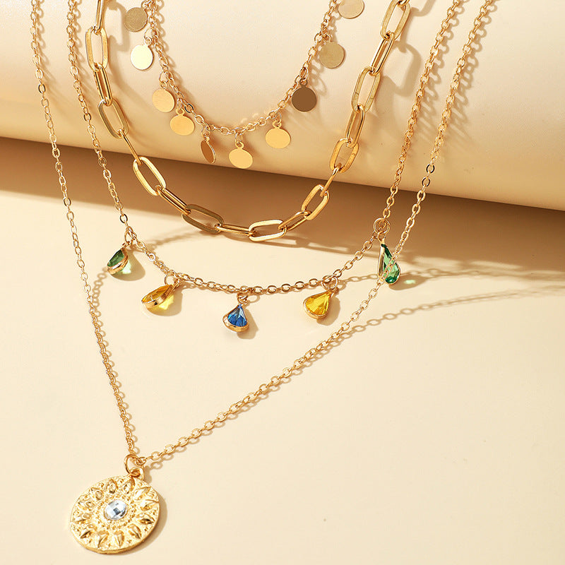 Geometric Layered Y-Shaped Alloy Necklace With Tassels And Rhinestones