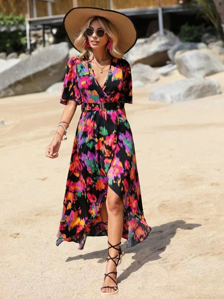 New Short-Sleeved V-Neck Pullover Irregular Beach Dress For Summer