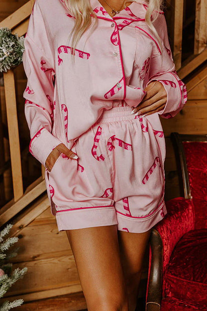 2 Pcs Soft Cartoon Print Satin Christmas Pajamas Set