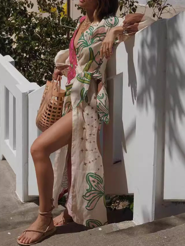 Floral Print Long Sleeve Cardigan Dress with Belt