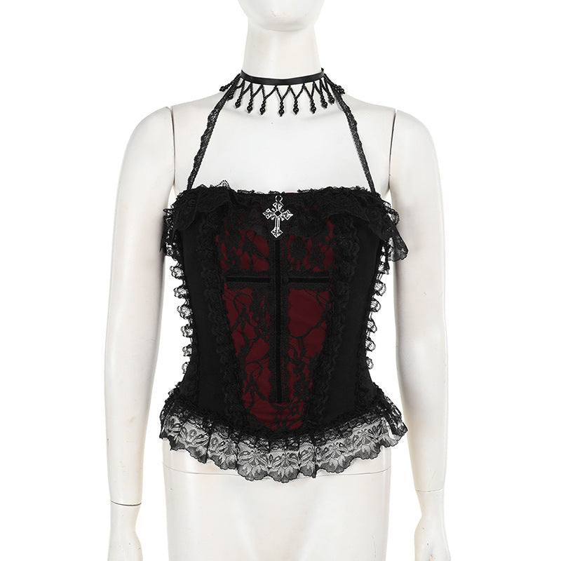 Black And Red Patchwork Tulle Midi Skirt For Women