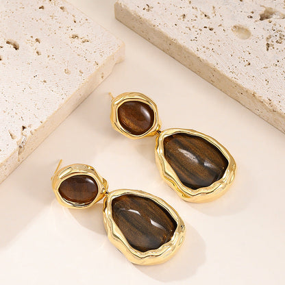Vintage Irregular Oval Resin Drop Earrings For Women Stylish Elegant Silver Needle