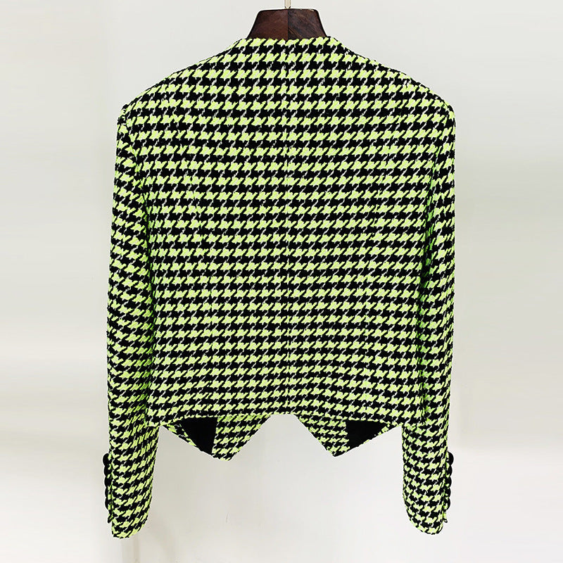 Fluorescent Green Houndstooth Jacket with Logo Embellishments