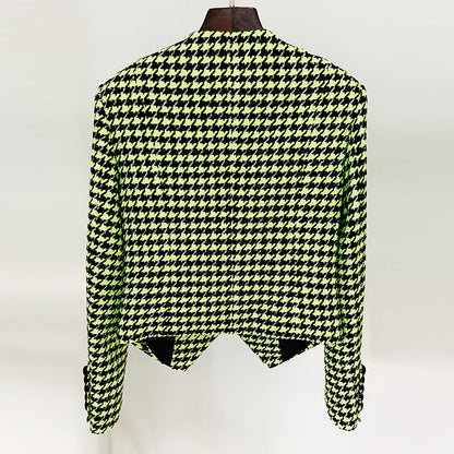 Fluorescent Green Houndstooth Jacket with Logo Embellishments