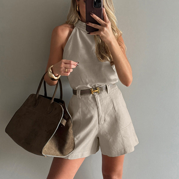 Chic Sleeveless Halter Top and High-Waist Shorts Set