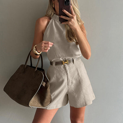 Chic Sleeveless Halter Top and High-Waist Shorts Set