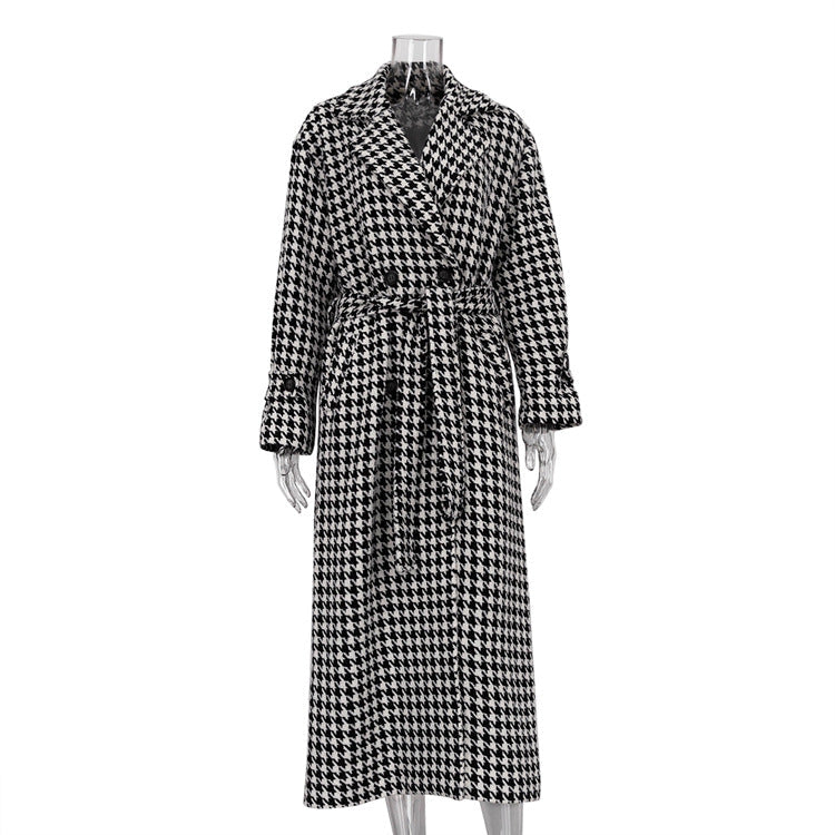 Checkered Long Trench Coat Stylish High-End Outerwear