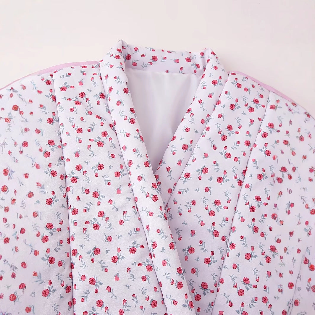 Floral Print Quilted V-Neck Tie Front Puffer Coat