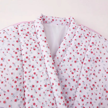 Floral Print Quilted V-Neck Tie Front Puffer Coat