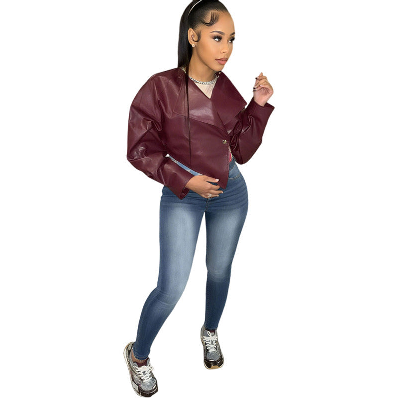 Trendy Casual Cropped Pu Leather Jacket For Women