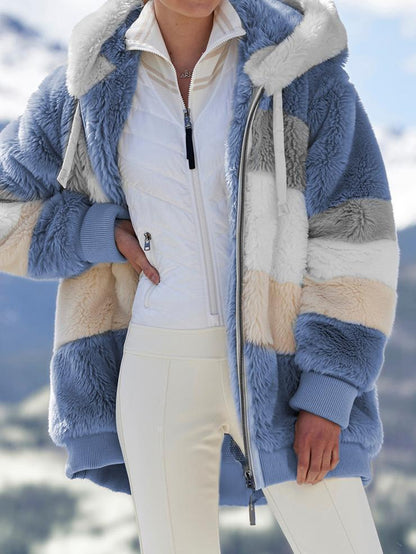 Autumn And Winter Warm Plush Patchwork Zipper Pocket Hooded Loose Coat Women