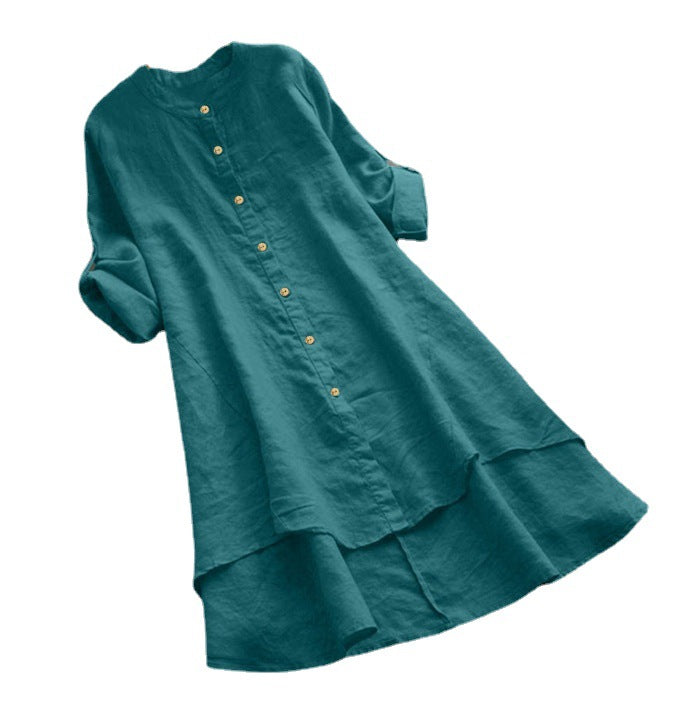 Summer Women'S Solid Button Cotton Linen Long Sleeve Long Shirt Dress