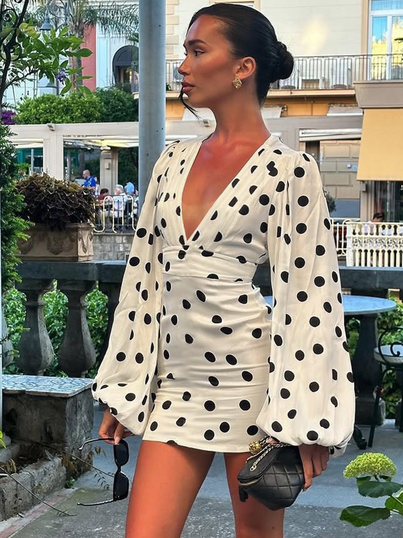 Fashion Polka Dot Printed Deep V Bodycon Dress with Bell Sleeves