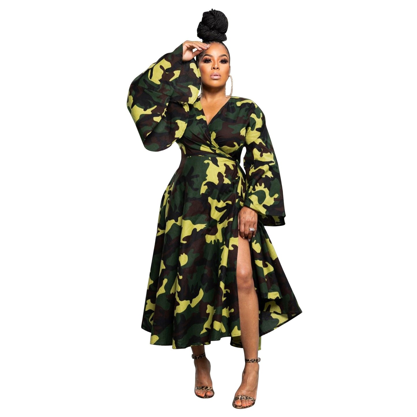 Plus Size African Casual Tie-Front Maxi Dress