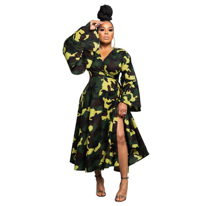 Plus Size African Casual Tie-Front Maxi Dress