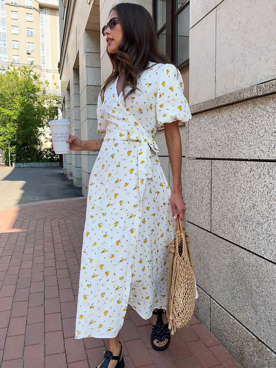 Cotton Floral Print A-Line Dress With V Neckline And Puff Sleeves