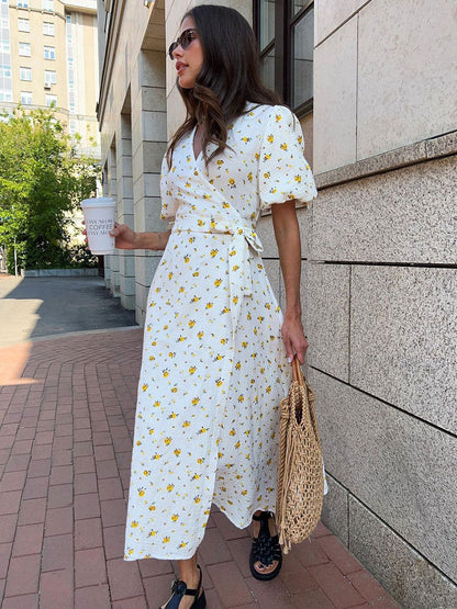 Cotton Floral Print A-Line Dress With V Neckline And Puff Sleeves