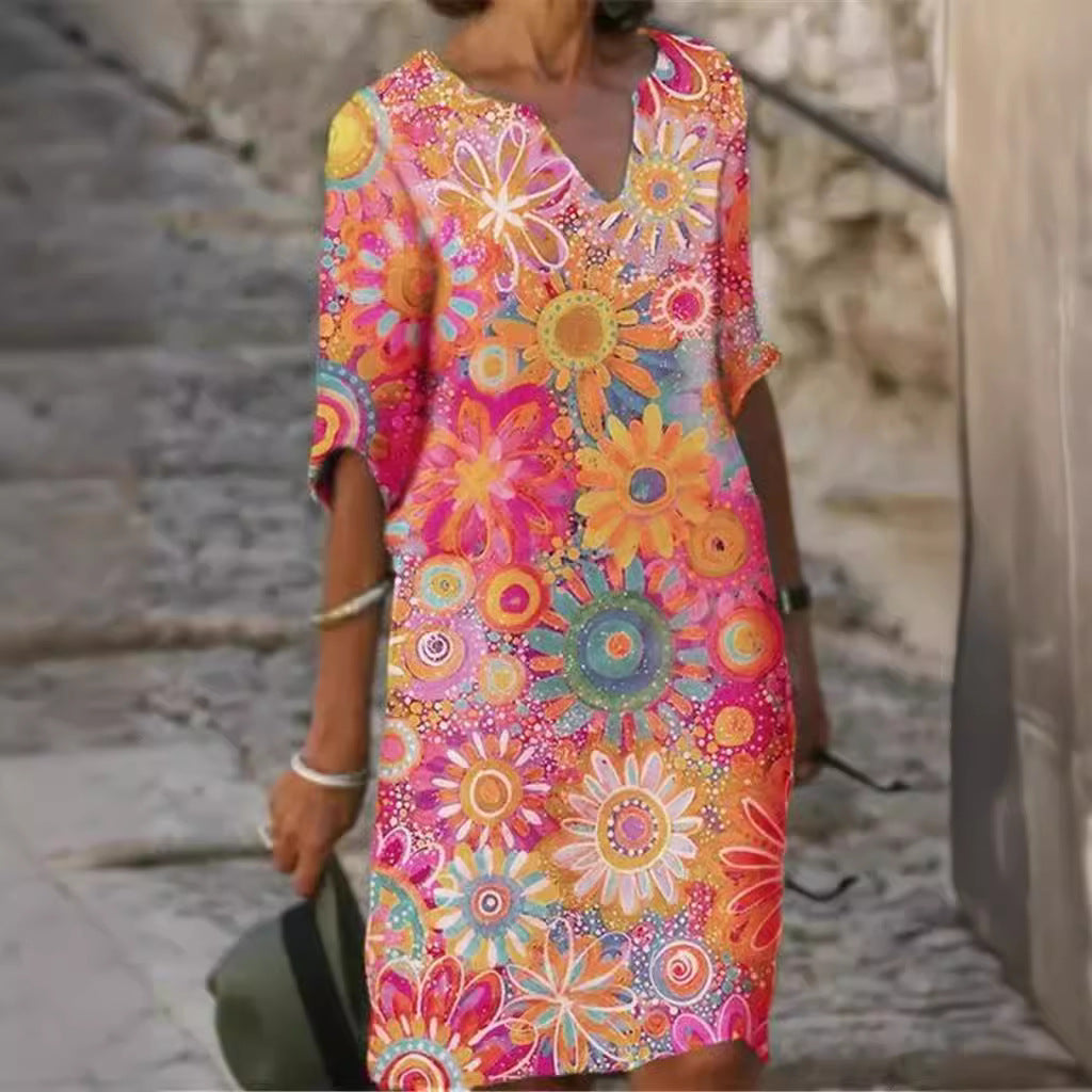 Two-Tone Printed V-Neck Loose Bamboo Dress