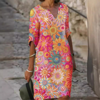 Two-Tone Printed V-Neck Loose Bamboo Dress