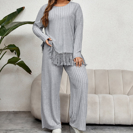 Casual Loose Long Sleeve Tassel Top And Wide Leg Pants Set