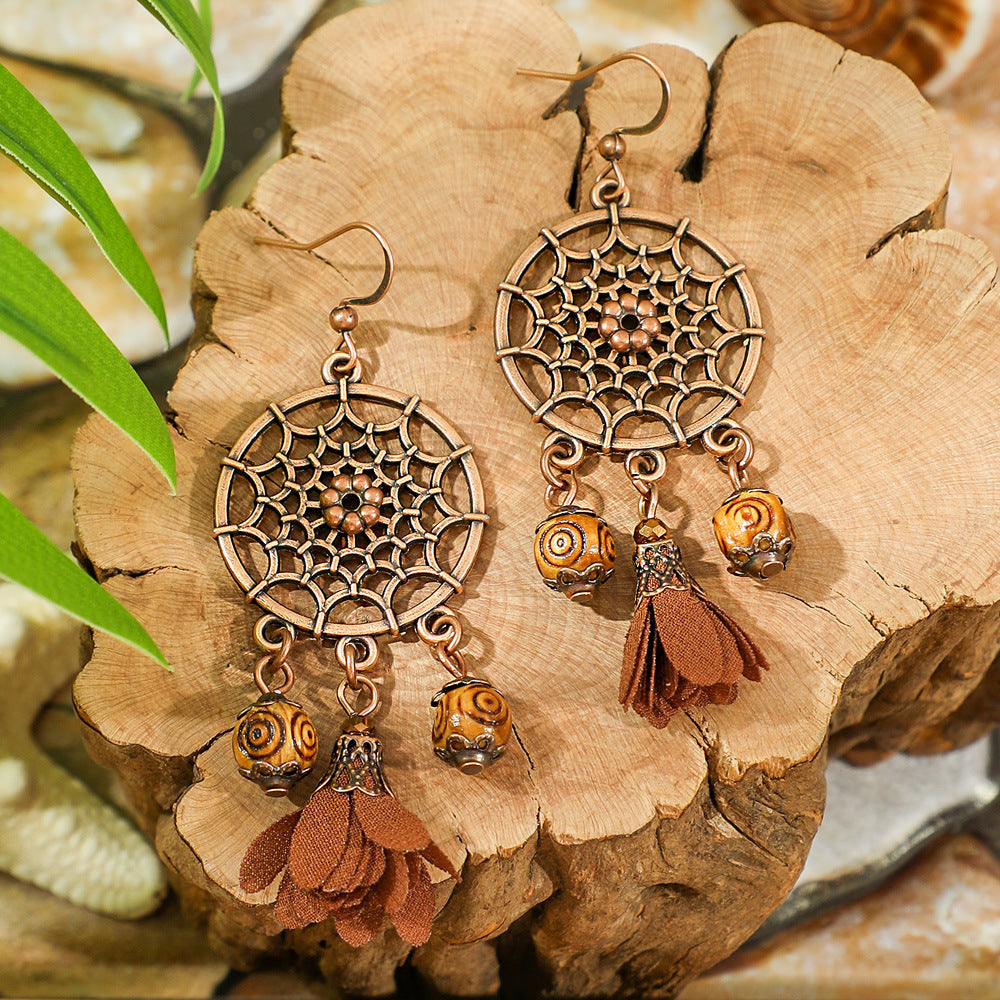 Bohemian Dreamcatcher Tassel Earrings and Wooden Necklace Set