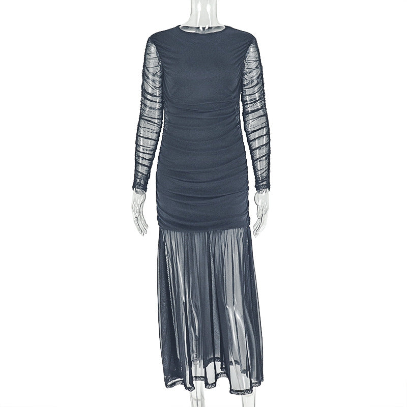 Elegant High Neck Long Sleeve Midi Dress