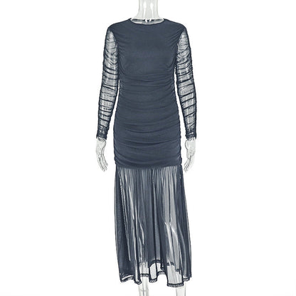 Elegant High Neck Long Sleeve Midi Dress