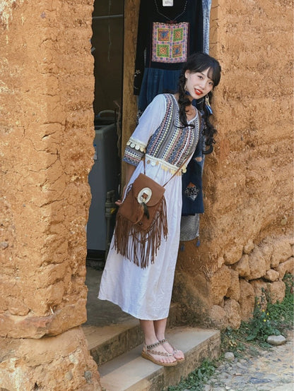 Ethnic Style New Spring And Summer Splicing Patch Cotton Linen Tassel Dress