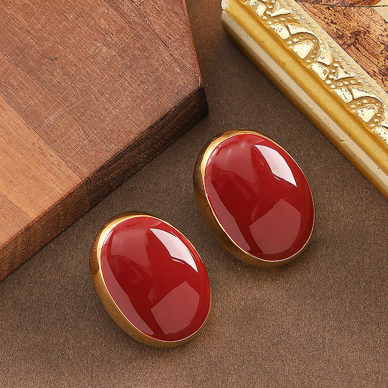Burgundy Geometric Enamel Earrings With 925 Silver Posts