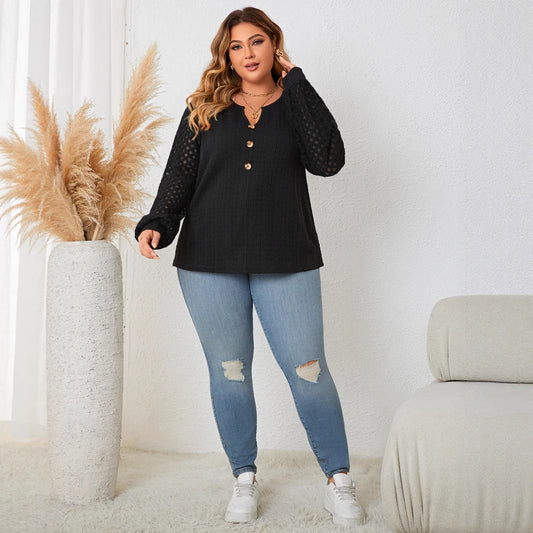 Plus Size Lace-Trim Knit Sweater with Buttons