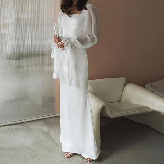 French Style Square Neck Sheer Mesh Flare Sleeve Bodycon Dress