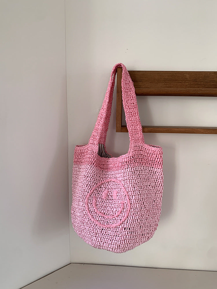 Smiley Face Knitted Mini Tote Bag Handmade Bohemian Style
