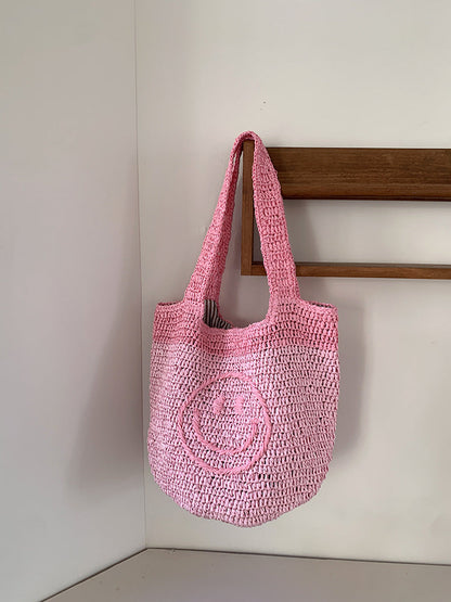 Smiley Face Knitted Mini Tote Bag Handmade Bohemian Style