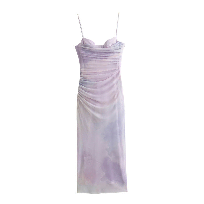 Elegant Mesh Ruched Spaghetti Strap Maxi Dress