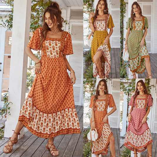 Elegant Floral Printed Maxi Dress with Square Neckline