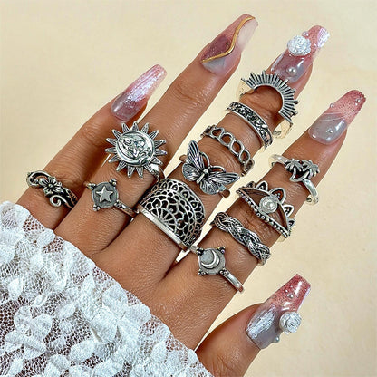 Vintage Geometric Ring Set With Black Stone