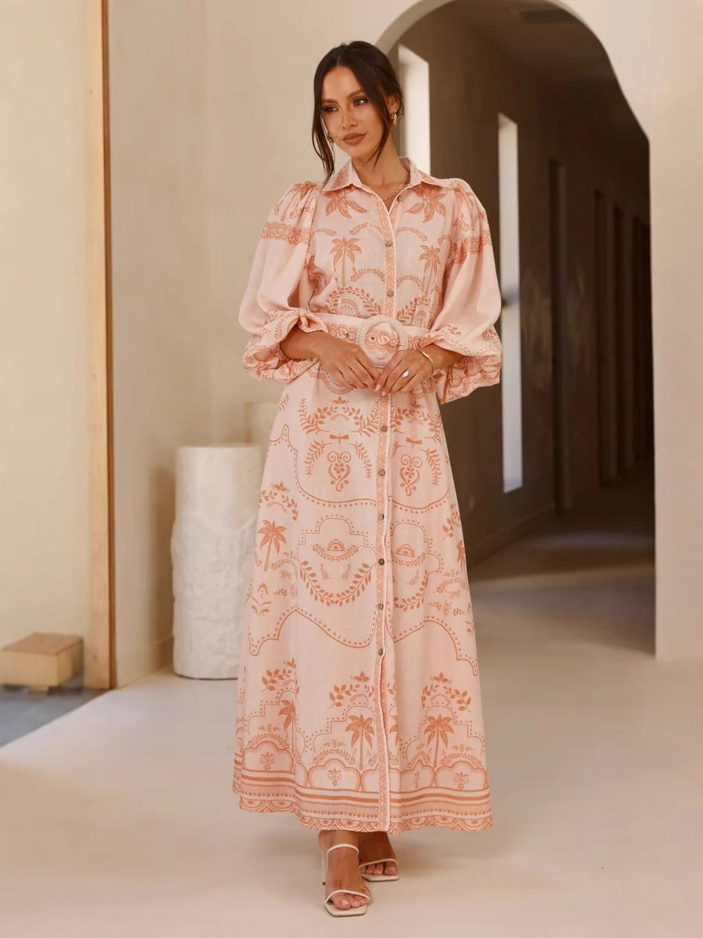 Loose-Fit Linen Puff Sleeve Dress with Waist Belt