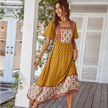 Elegant Floral Printed Maxi Dress with Square Neckline