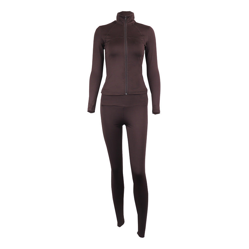Solid Color Zip-Up Athletic Jacket With Long Pants Set