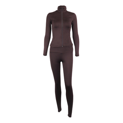 Solid Color Zip-Up Athletic Jacket With Long Pants Set