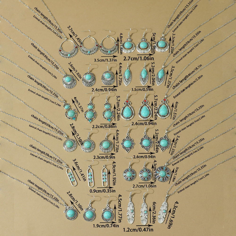 Bohemian Geometric Earrings and Necklace Set with Turquoise Accents