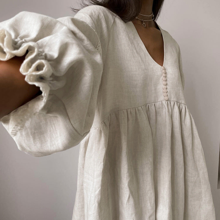 French Style V-Neck Lantern Sleeve A-Line Dress Casual Cotton Linen Blend