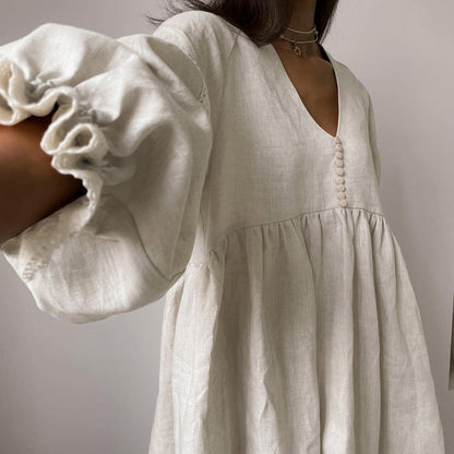 French Style V-Neck Lantern Sleeve A-Line Dress Casual Cotton Linen Blend