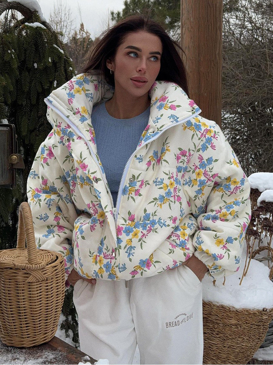 Trendy Women's Floral Print Cotton Jacket Cozy All-Season Outerwear