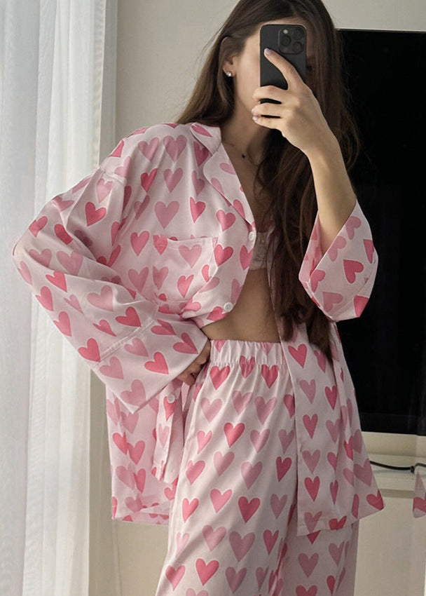 Heart Print Satin Pajama Set Relaxed Fit Pink
